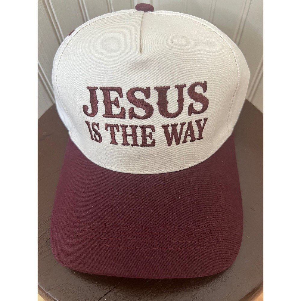 Jesus Is The Way Christian Baseball Cap Hat Cream Burgundy Embroidered Trucker